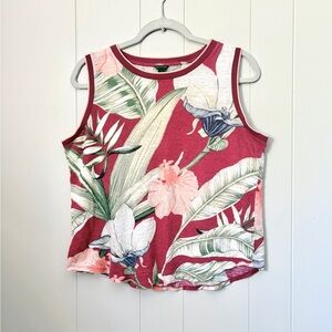 Ann Taylor 100% Linen Sleeveless Top Boxy Fit Tropical Burgundy Resortwear Large